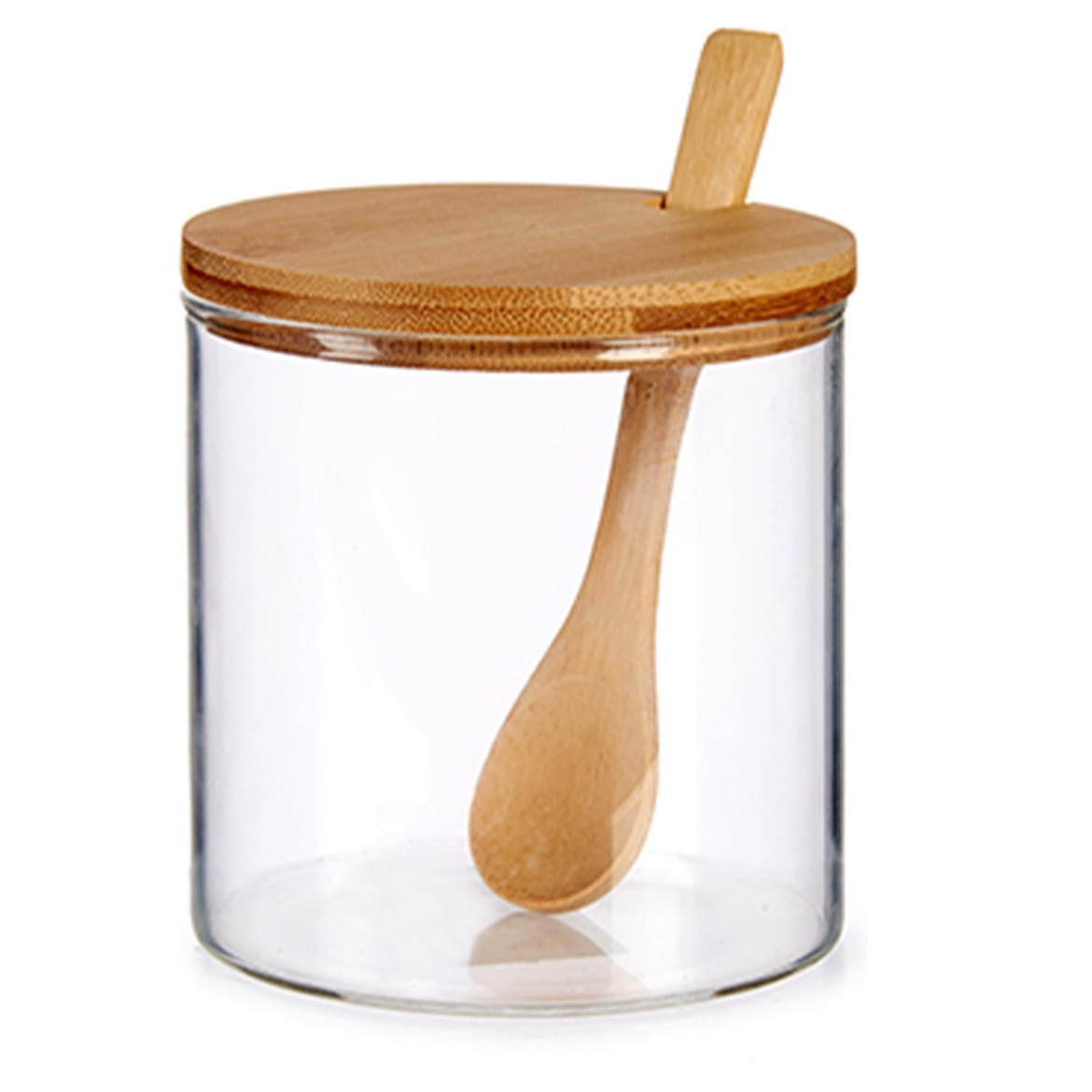 Suikerkom-suikerpotje glas met bamboe houten lepel en deksel 520 ML