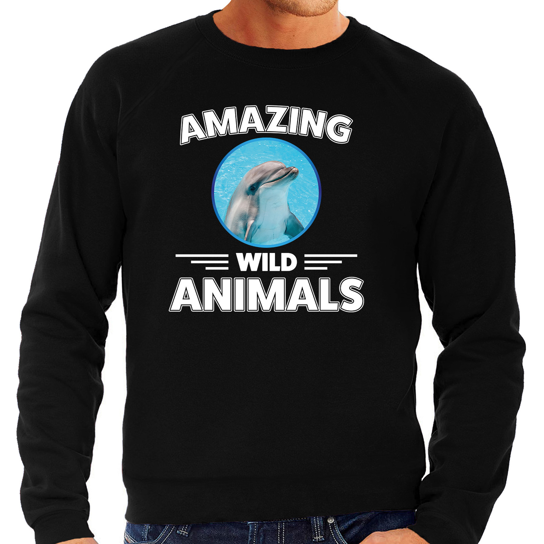 Sweater dolfijnen amazing wild animals / dieren trui zwart voor heren