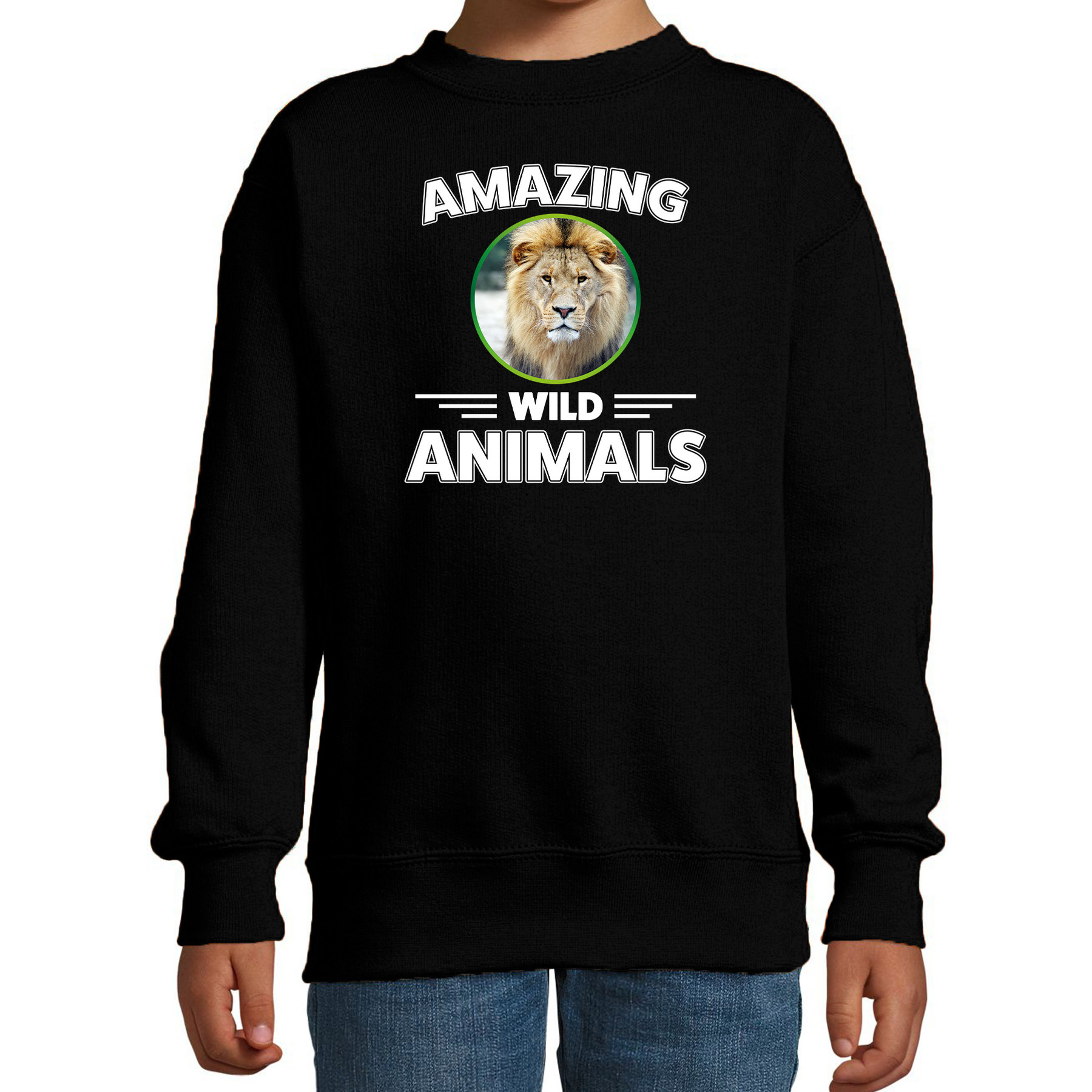 Sweater leeuwen amazing wild animals / dieren trui zwart voor kinderen