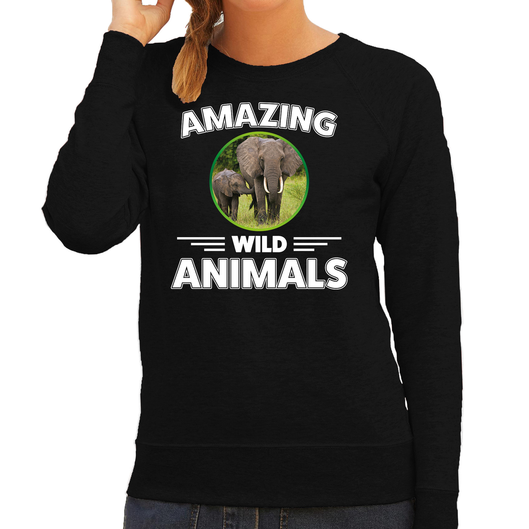 Sweater olifanten amazing wild animals / dieren trui zwart voor dames