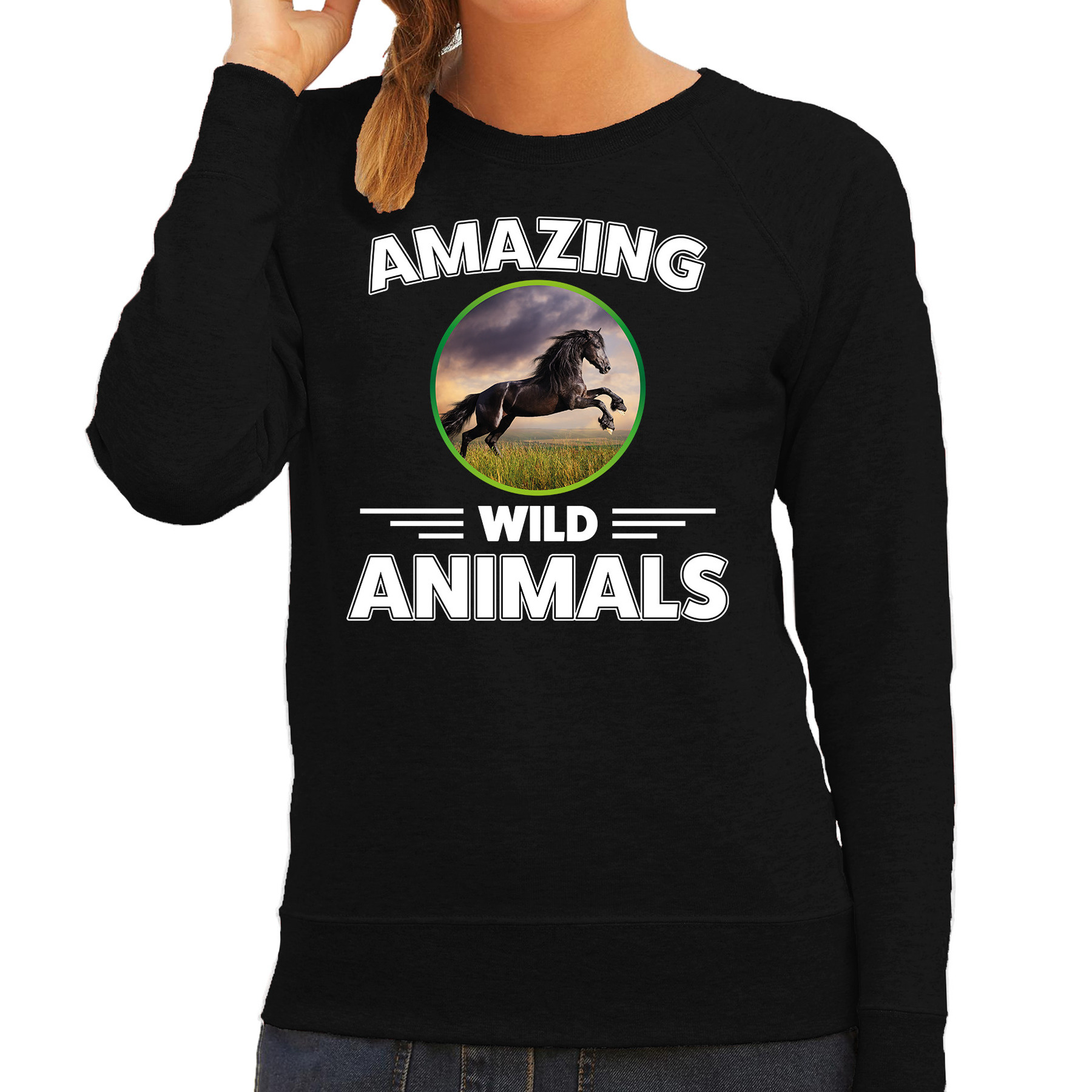 Sweater paarden amazing wild animals-dieren trui zwart voor dames