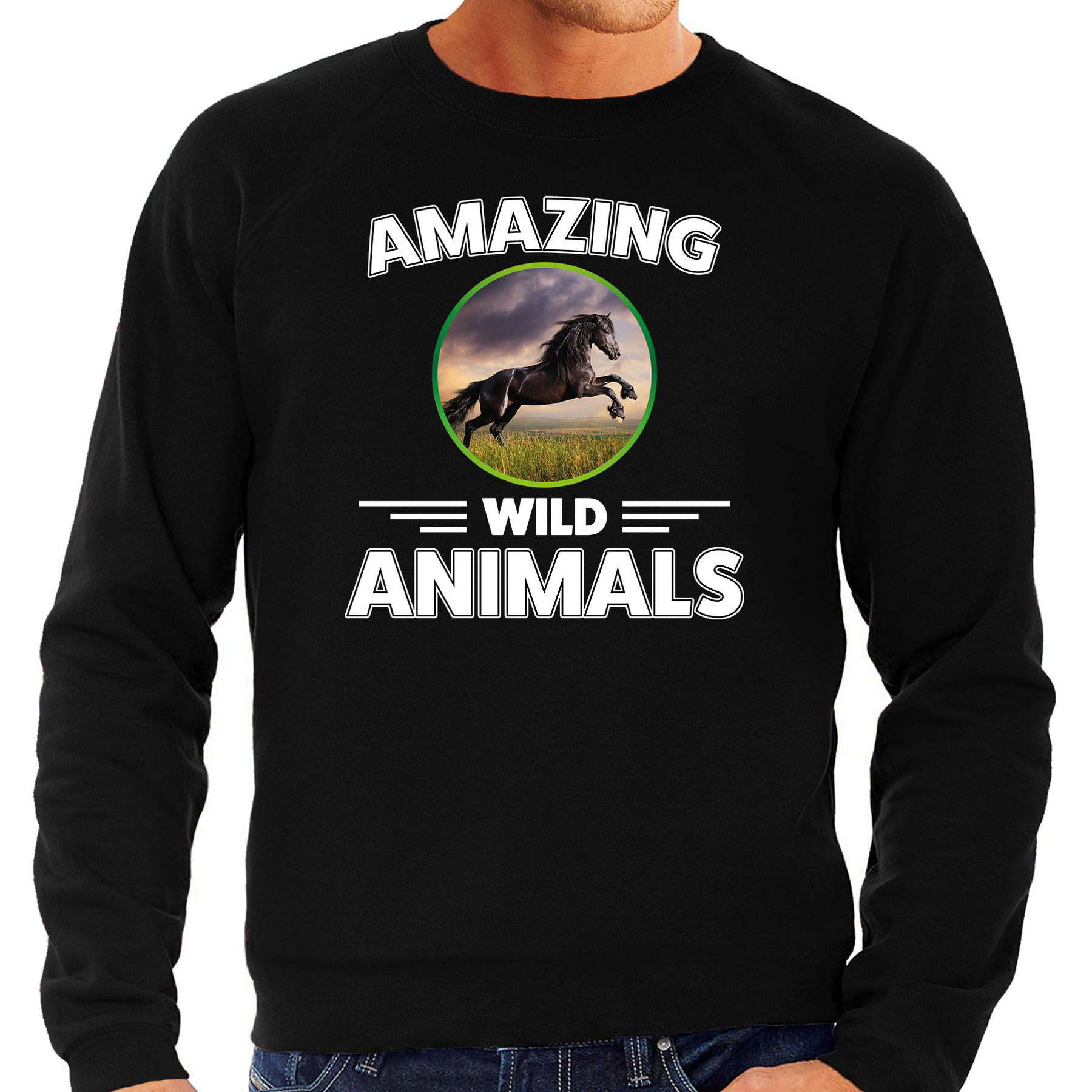 Sweater paarden amazing wild animals-dieren trui zwart voor heren