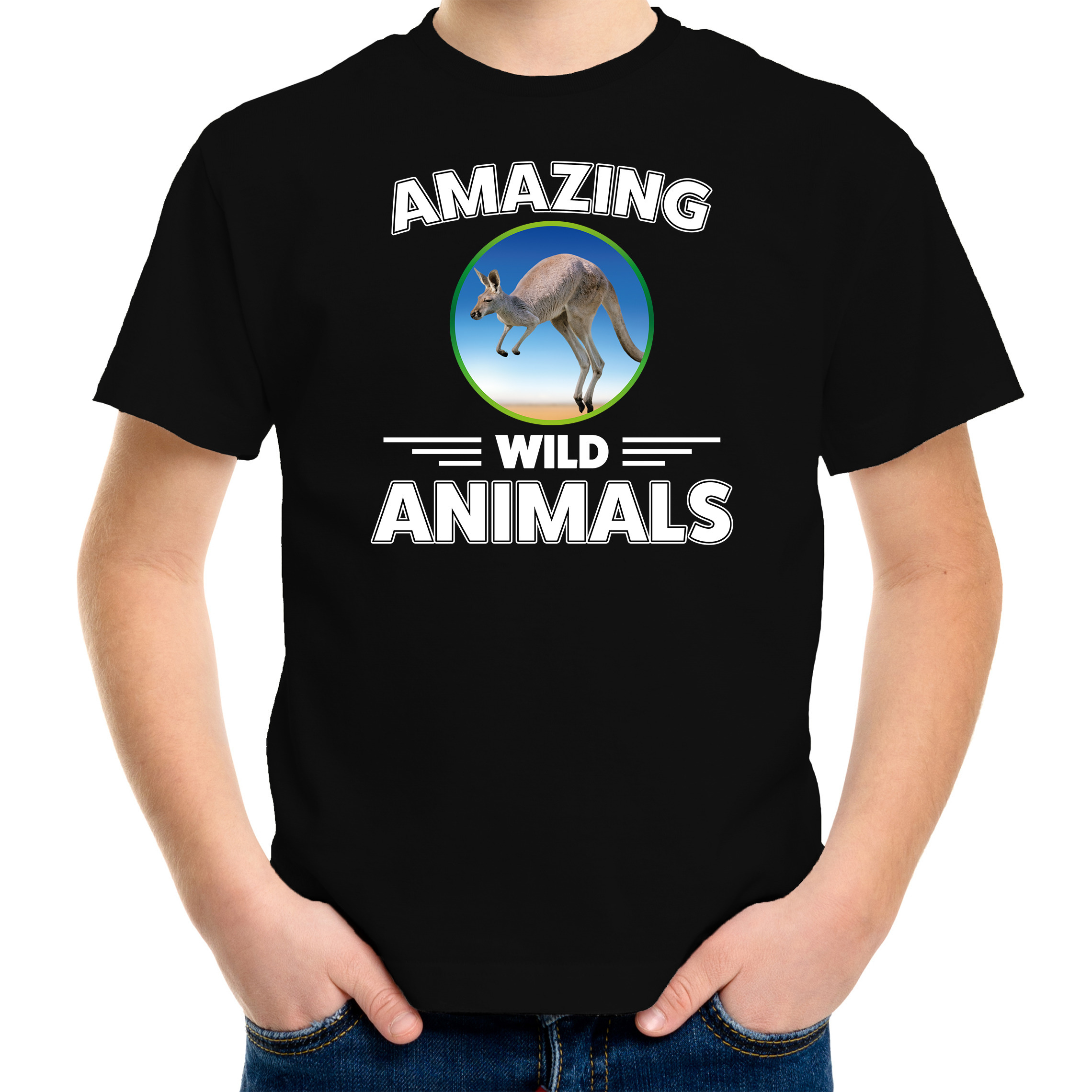 T-shirt kangoeroes amazing wild animals / dieren zwart voor kinderen
