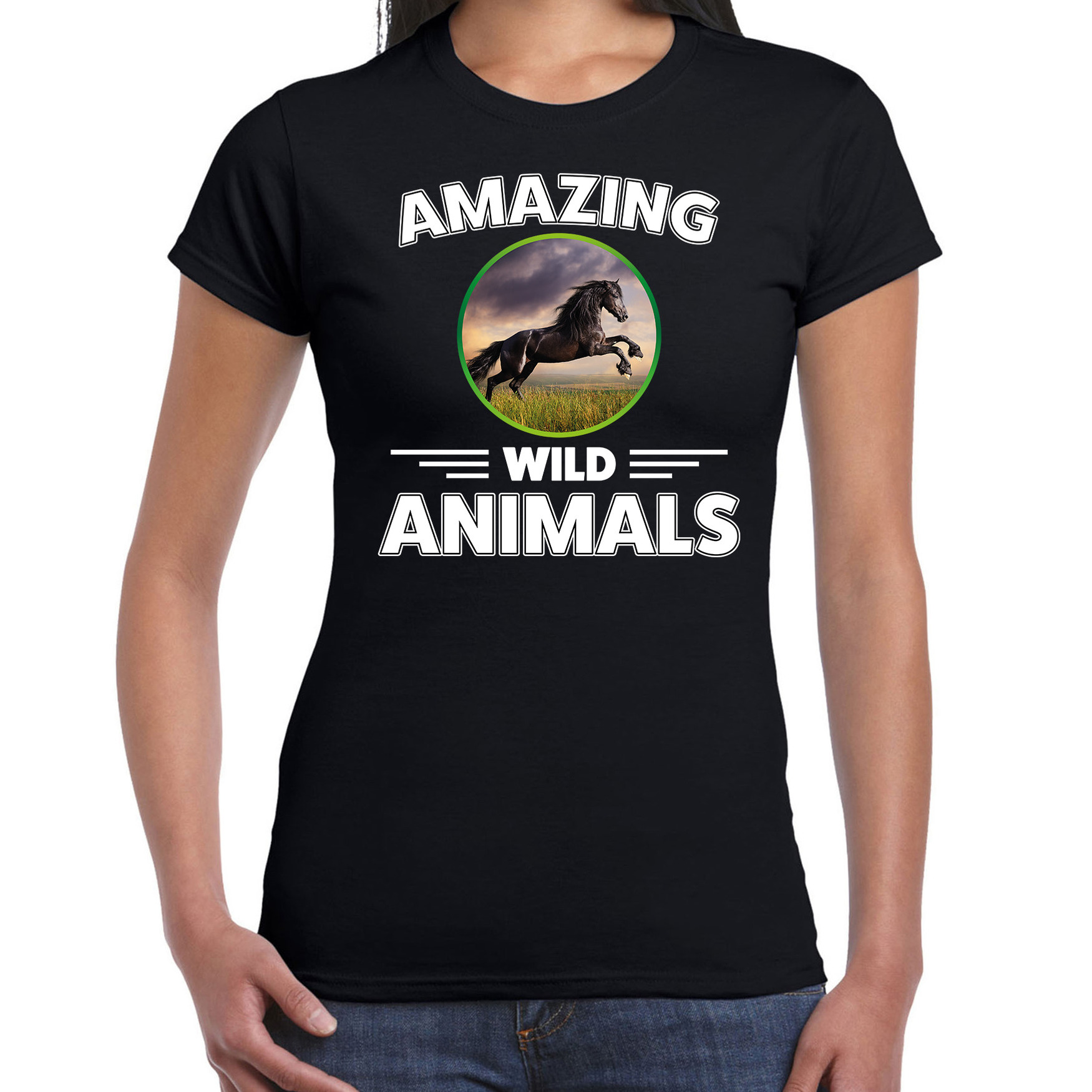 T-shirt paarden amazing wild animals-dieren zwart voor dames