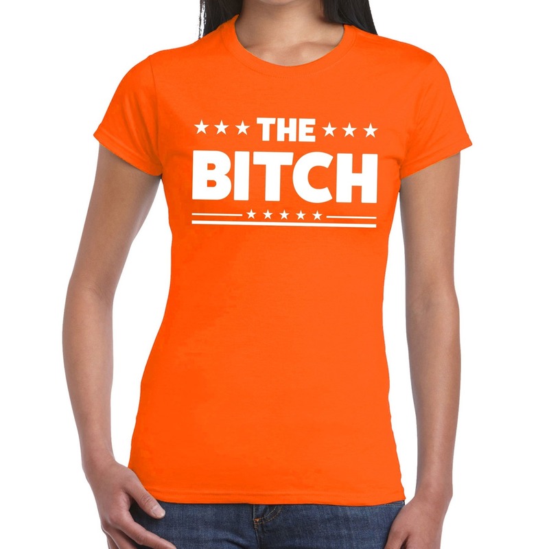 The Bitch tekst t-shirt oranje dames