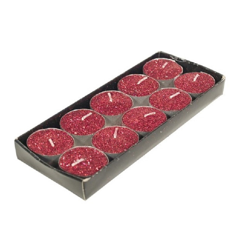 Theelichtjes-waxinelichtjes kaarsjes 10x st rood glitters 3,5 cm