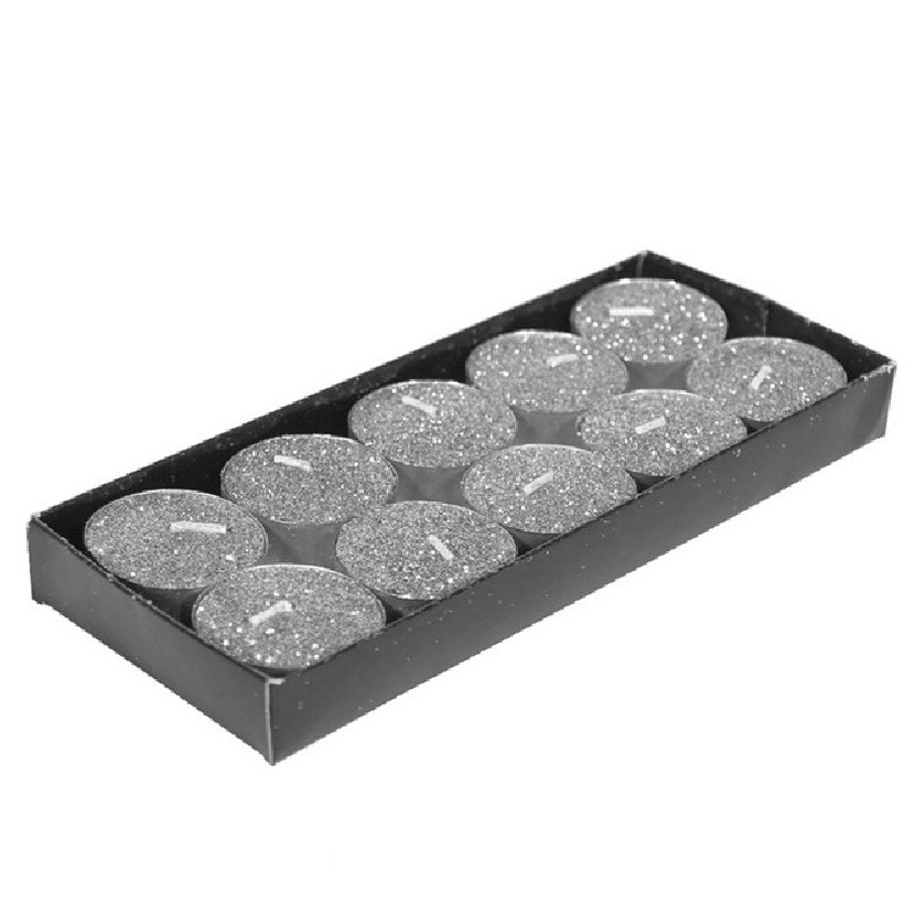 Theelichtjes-waxinelichtjes kaarsjes 10x st zilver glitters 3,5 cm
