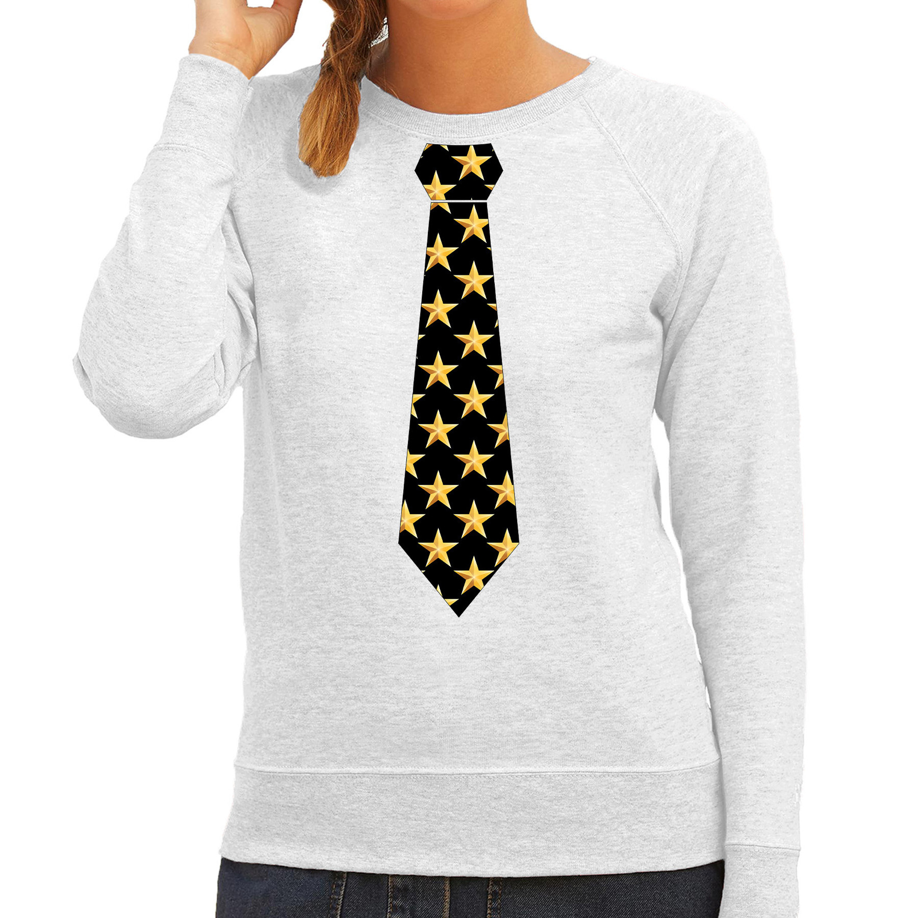 Thema verkleed sweater-trui sterretjes stropdas grijs voor dames