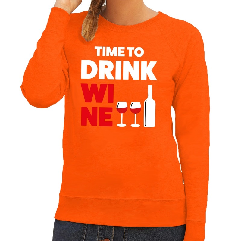 Time to drink Wine tekst sweater oranje voor dames