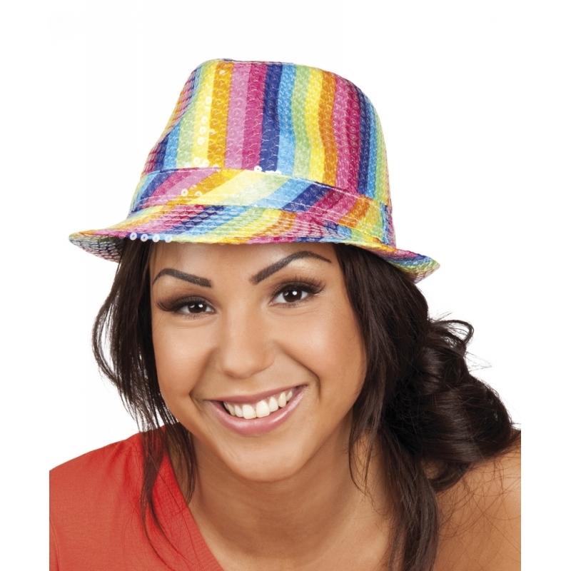 Trilby hoed met pailletten regenboog glitter