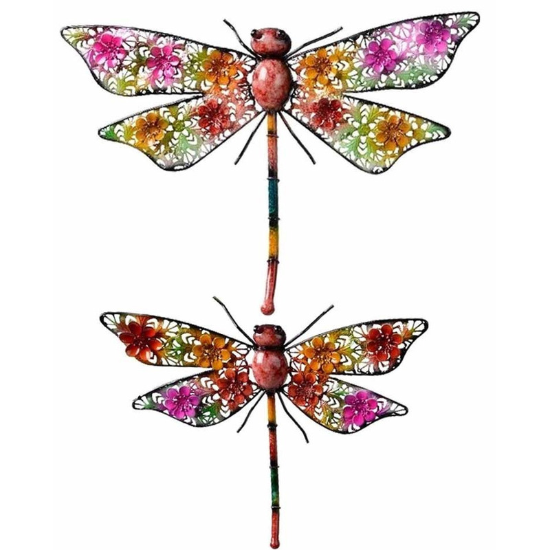 Tuin versiering set van 2 gekleurde libelletjes 33 en 47 cm cm hangdecoratie