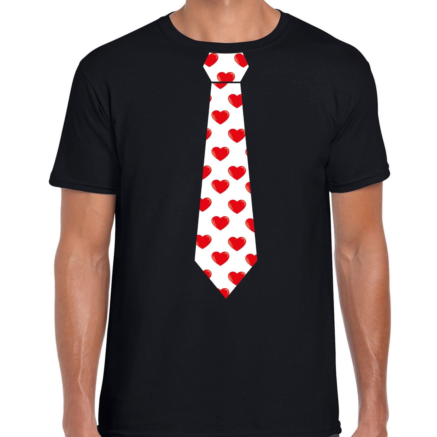 Valentijn thema verkleed feest stropdas t-shirt hartjes zwart heren