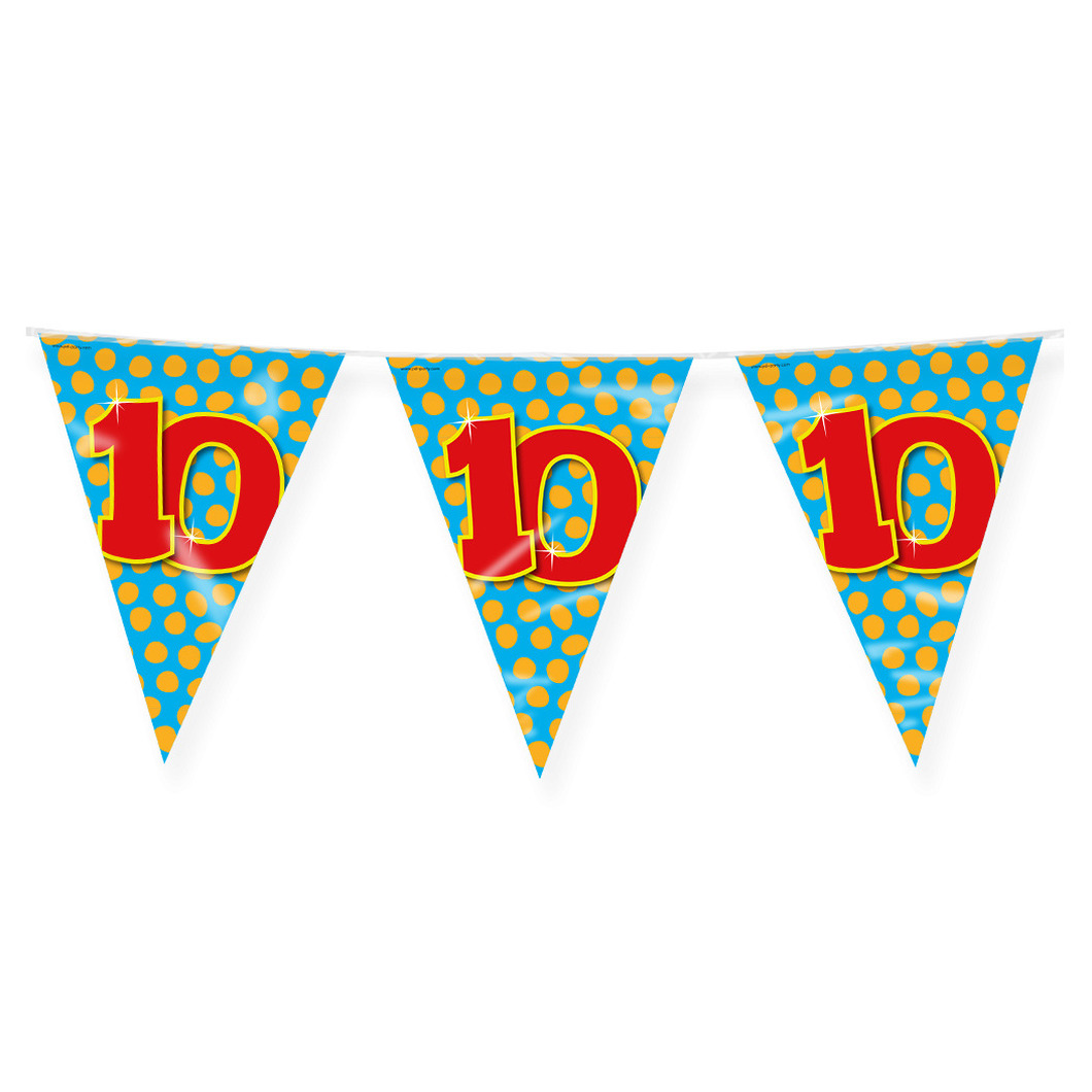Verjaardag 10 jaar thema Vlaggetjes Feestversiering 10m Folie Dubbelzijdig