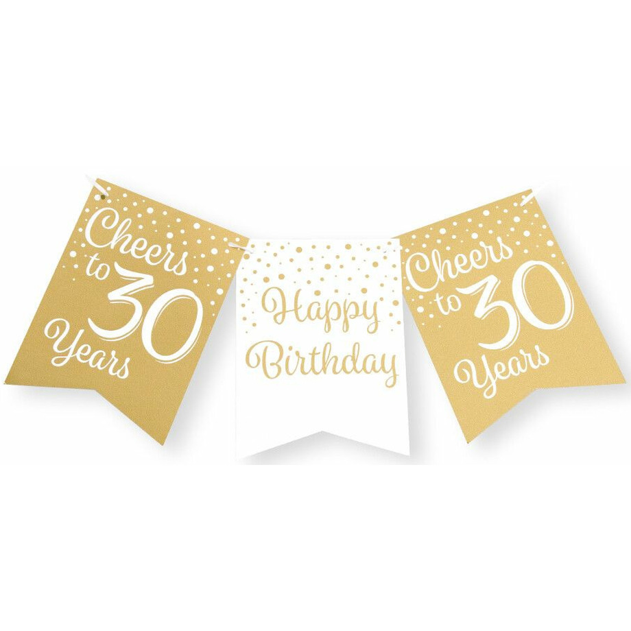 Verjaardag Vlaggenlijn 30 jaar binnen karton wit-goud 600 cm