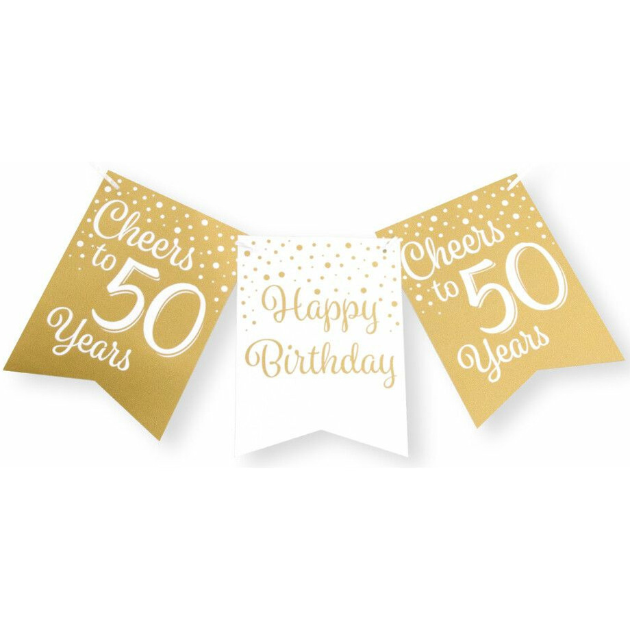 Verjaardag Vlaggenlijn 50 jaar binnen karton wit-goud 600 cm