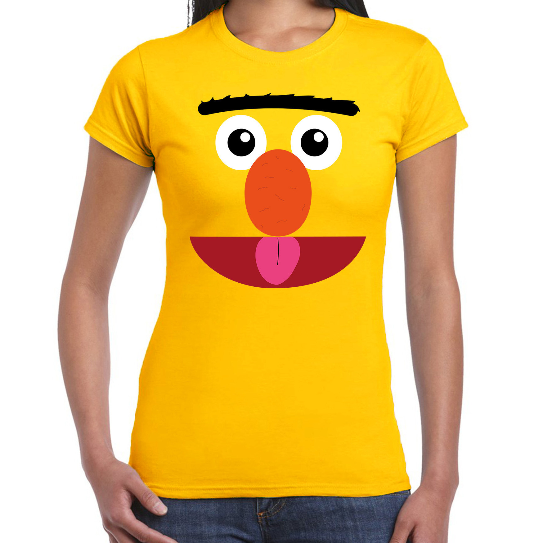 Verkleed-carnaval t-shirt geel cartoon knuffel pop voor dames Verkleed-kostuum shirts