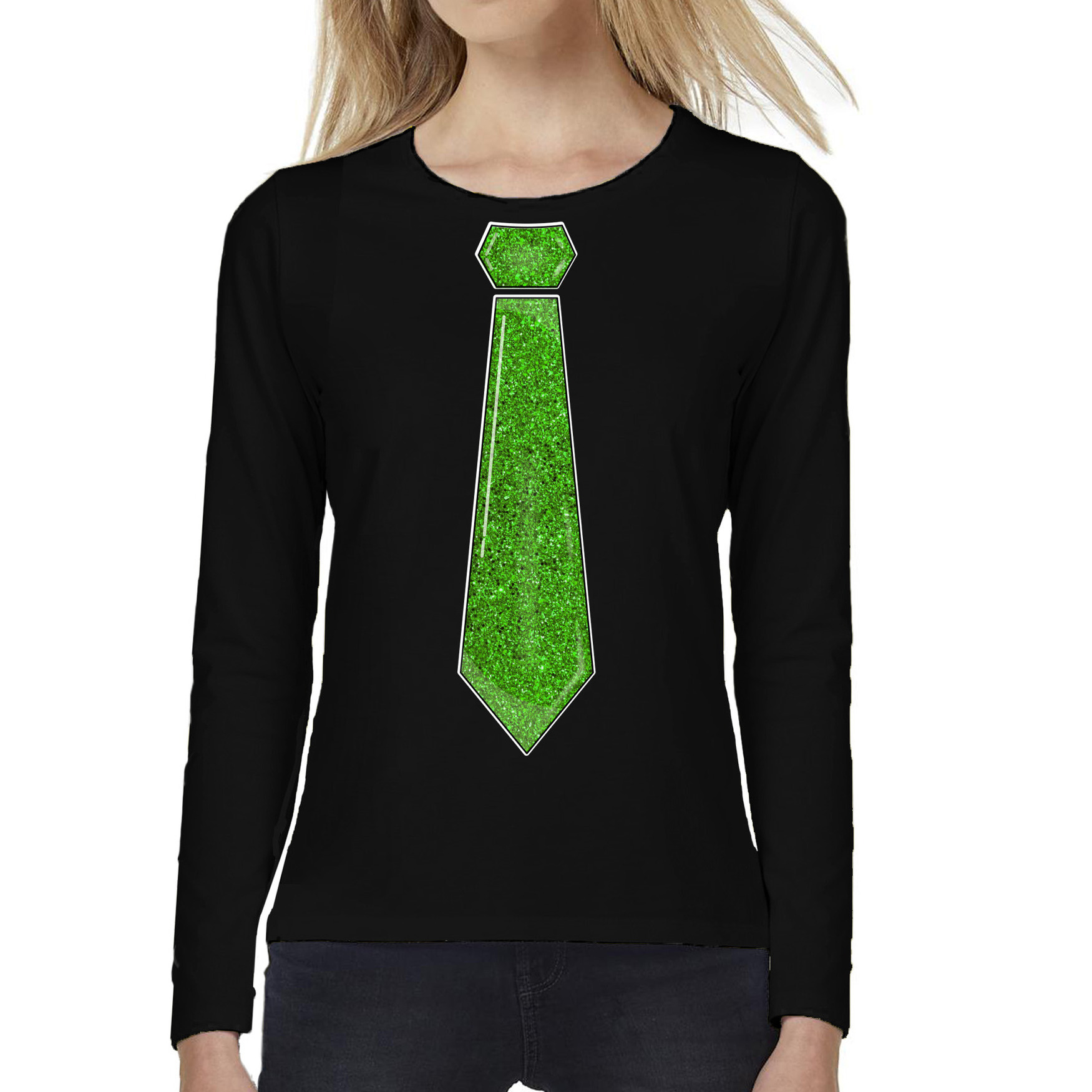 Verkleed shirt voor dames stropdas groen zwart carnaval foute party longsleeve