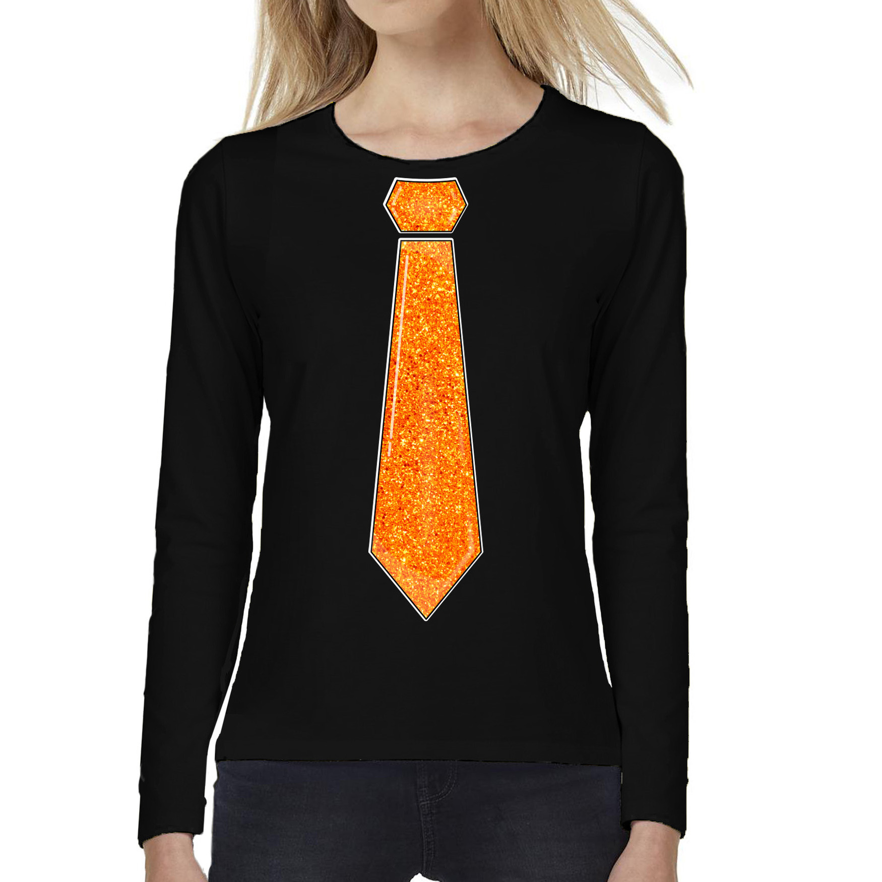Verkleed shirt voor dames stropdas oranje zwart carnaval foute party longsleeve