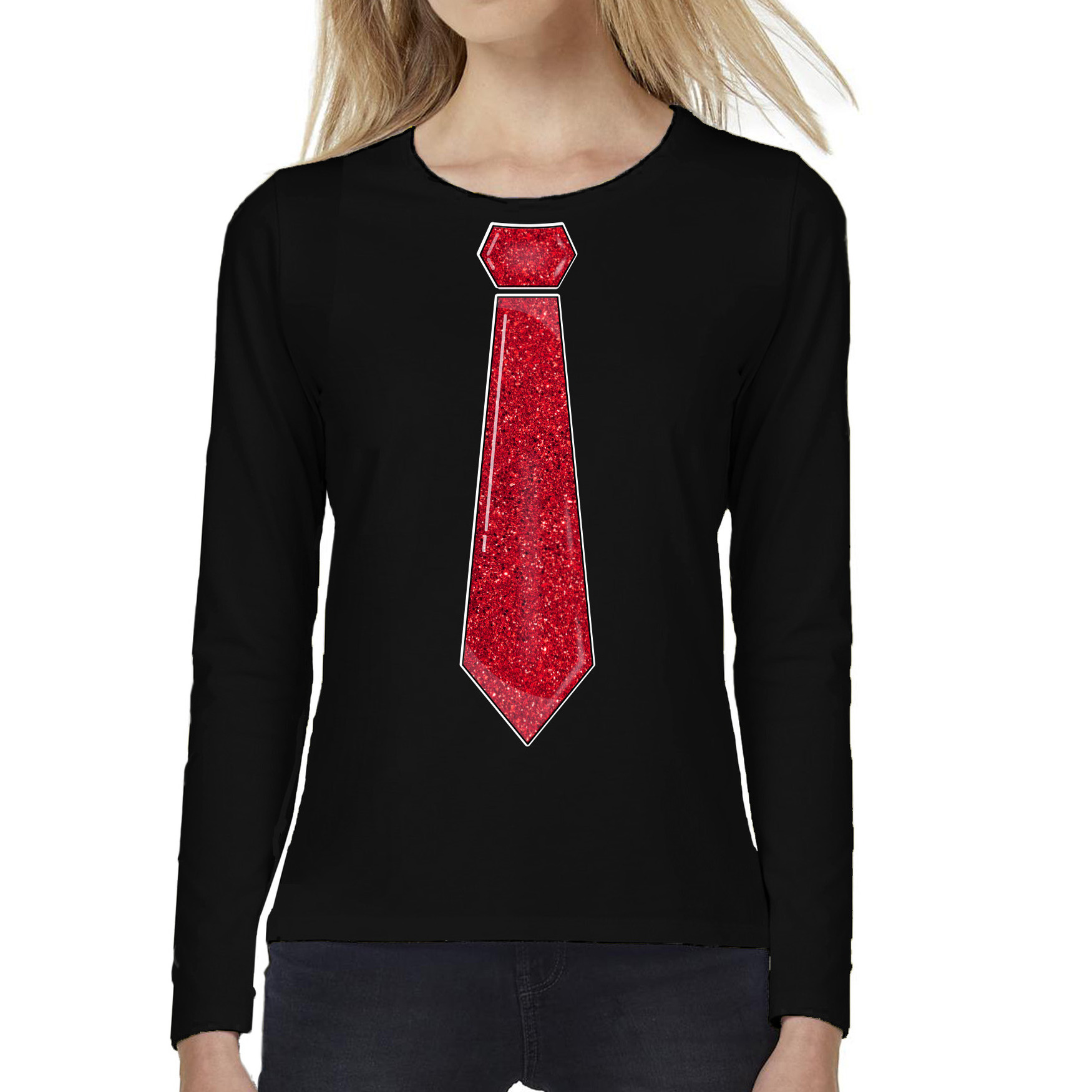 Verkleed shirt voor dames stropdas rood zwart carnaval foute party longsleeve