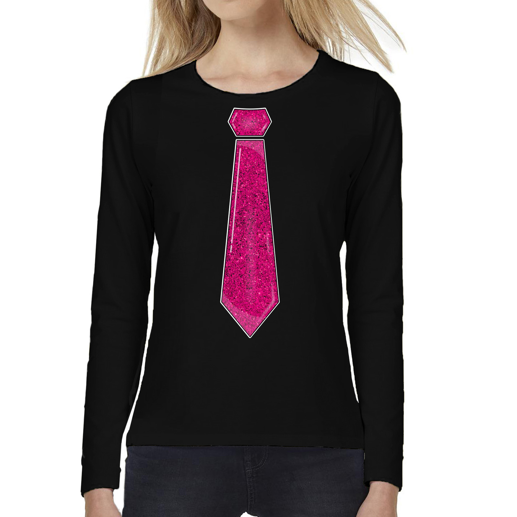 Verkleed shirt voor dames stropdas roze zwart carnaval foute party longsleeve