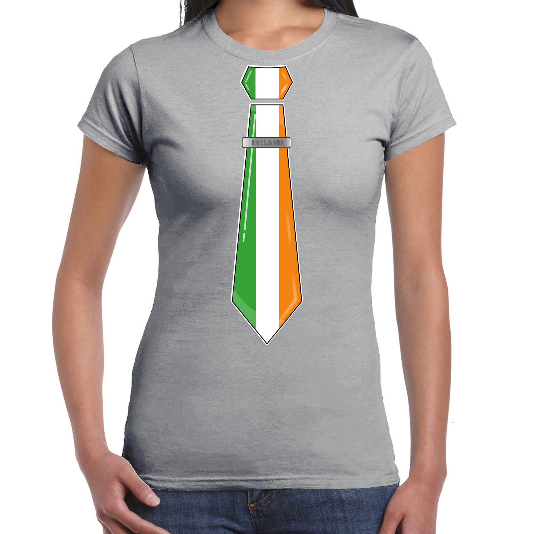 Verkleed T-shirt voor dames stropdas Ierland grijs supporter themafeest