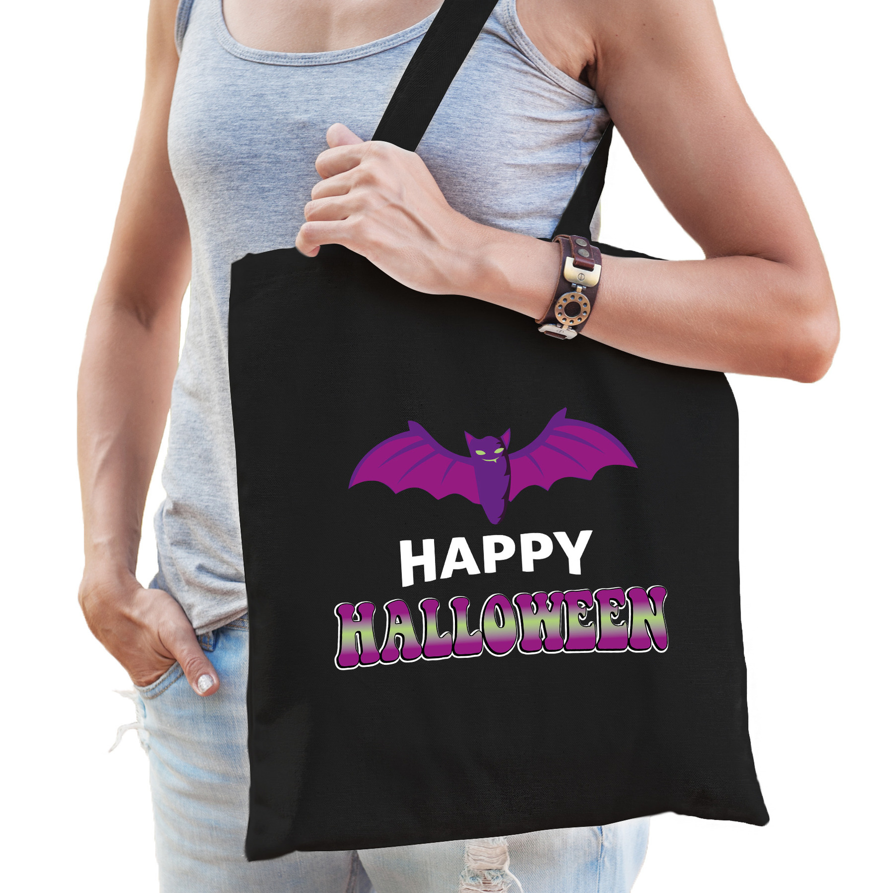 Vleermuis-happy halloween trick or treat katoenen tas- snoep tas zwart