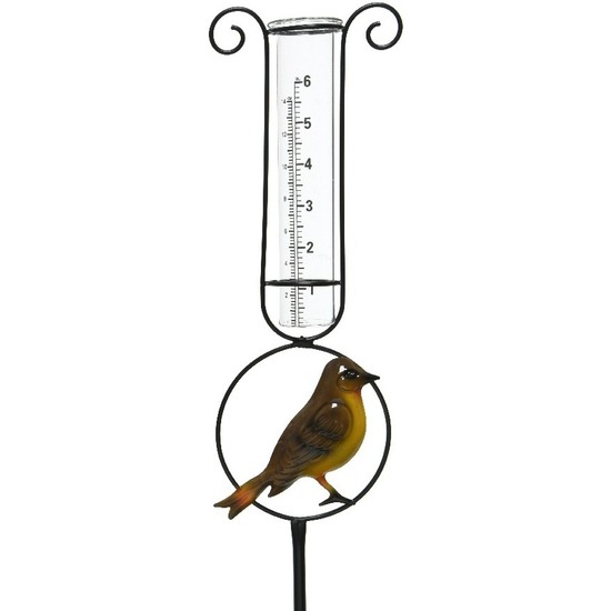 Vogel regenmeter tuinversiering 33 cm metaal-glas