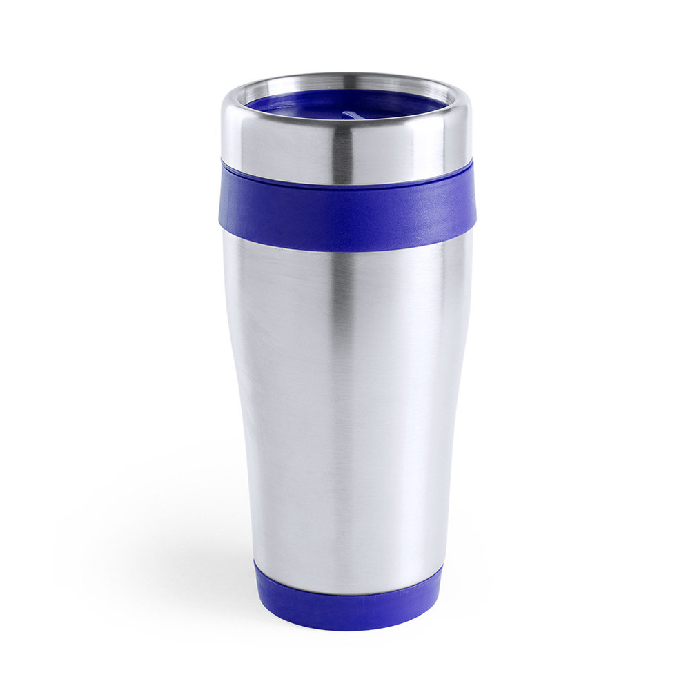 Warmhoudbeker-thermos isoleer koffiebeker-mok RVS zilver-blauw 450 ml