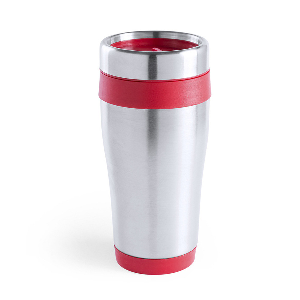 Warmhoudbeker-thermos isoleer koffiebeker-mok RVS zilver-rood 450 ml