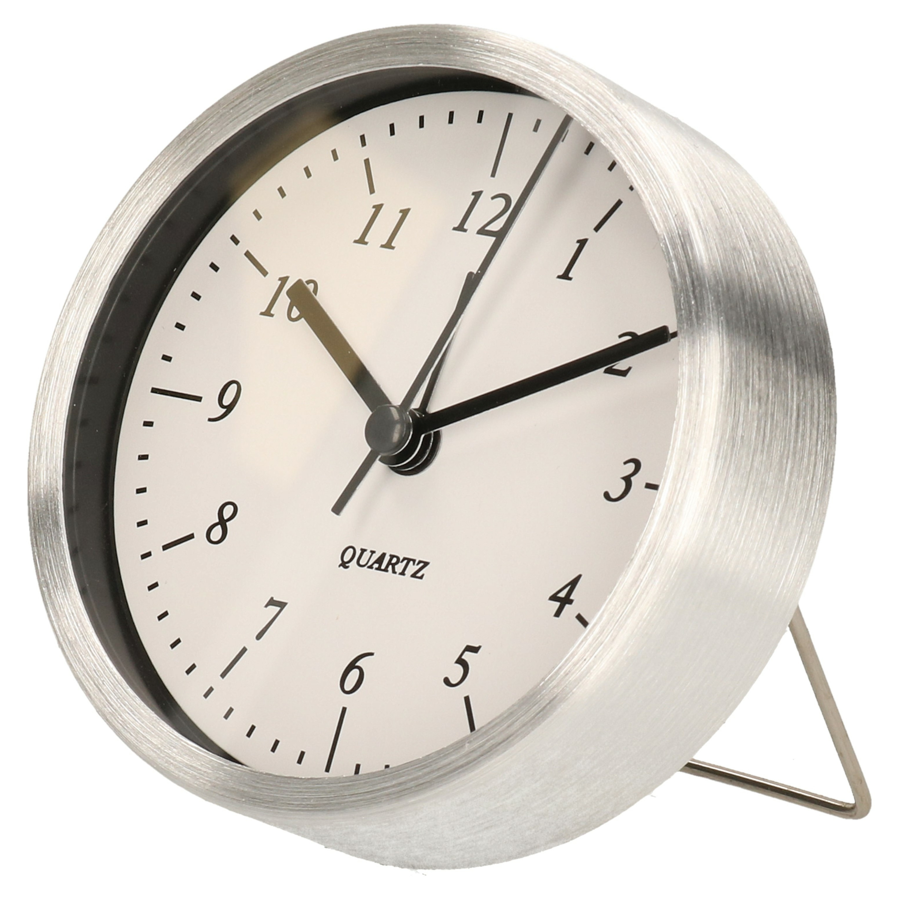 Wekker/alarmklok analoog - zilver/wit - aluminium/glas - 9 x 2,5 cm - staand model