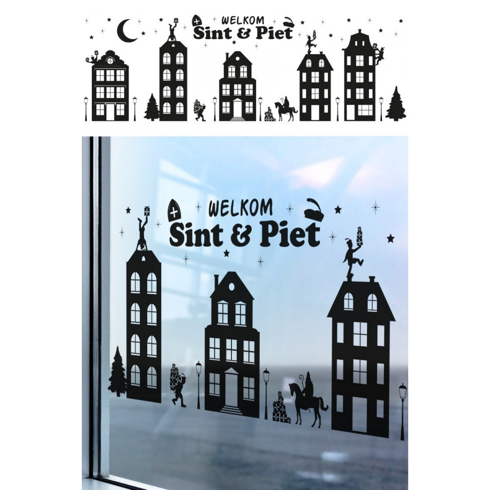 Welkom Sint en Piet zelfklevende raamsticker groot zwart 150 x 50 cm