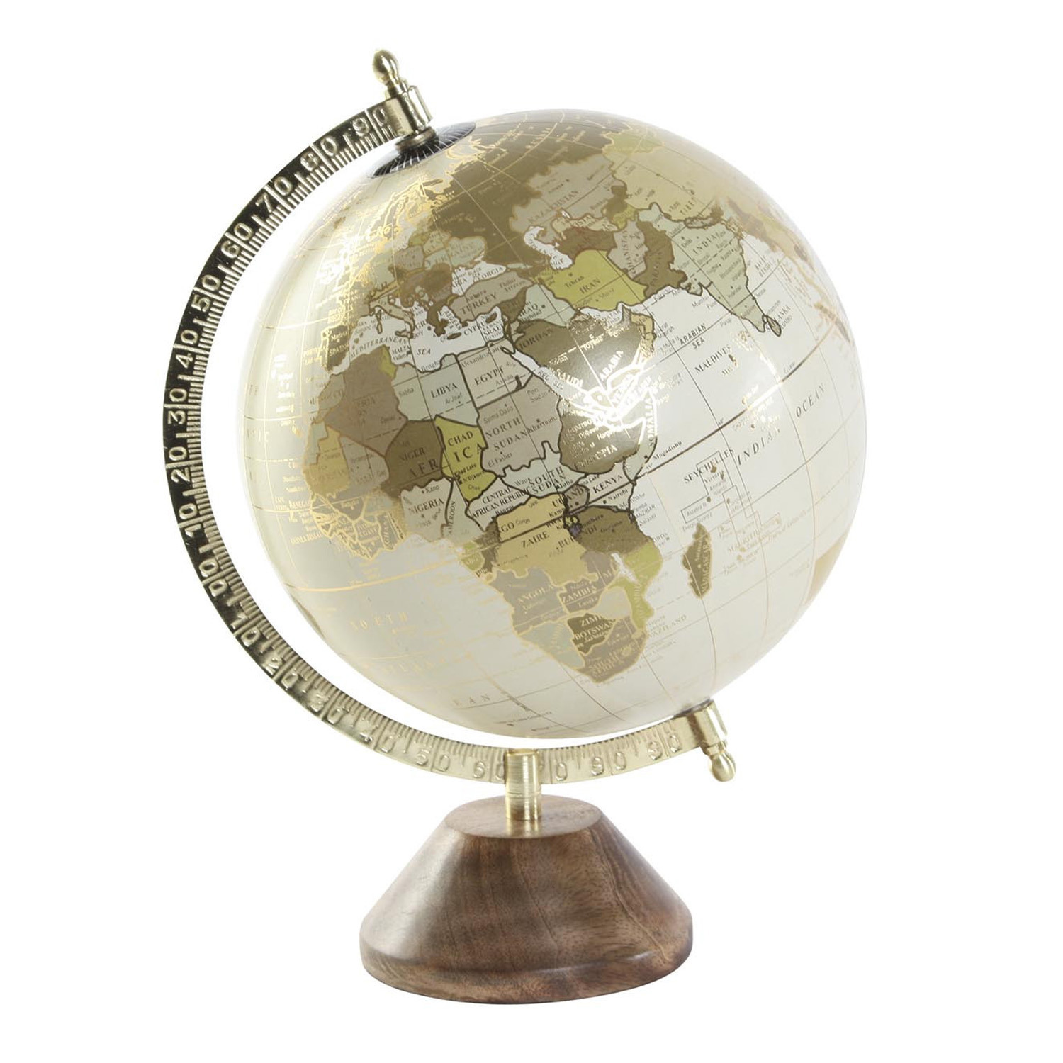 Wereldbol-globe op voet kunststof beige-goud home decoratie artikel D20 x H30 cm
