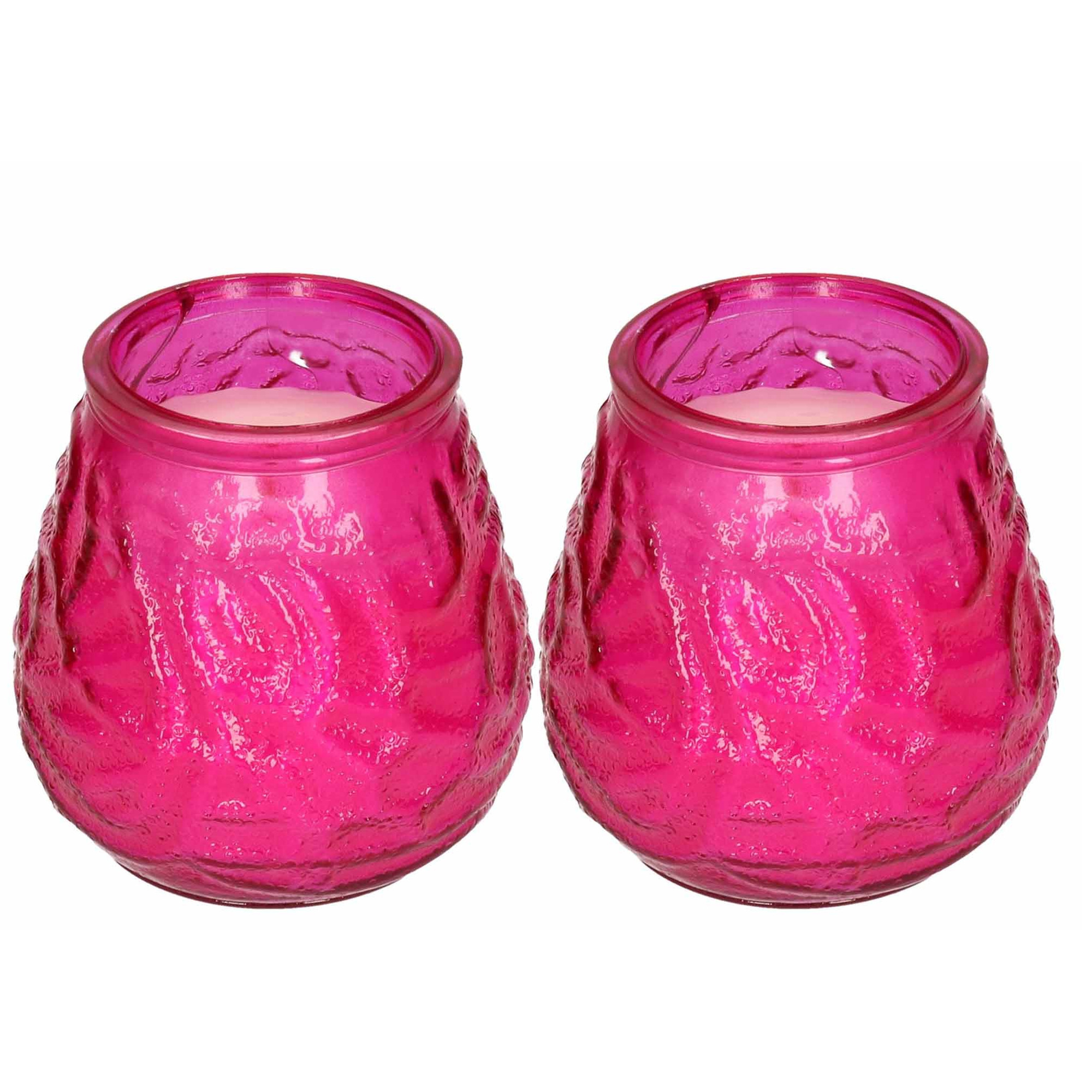 Windlicht geurkaars 2x roze glas 48 branduren citrusgeur