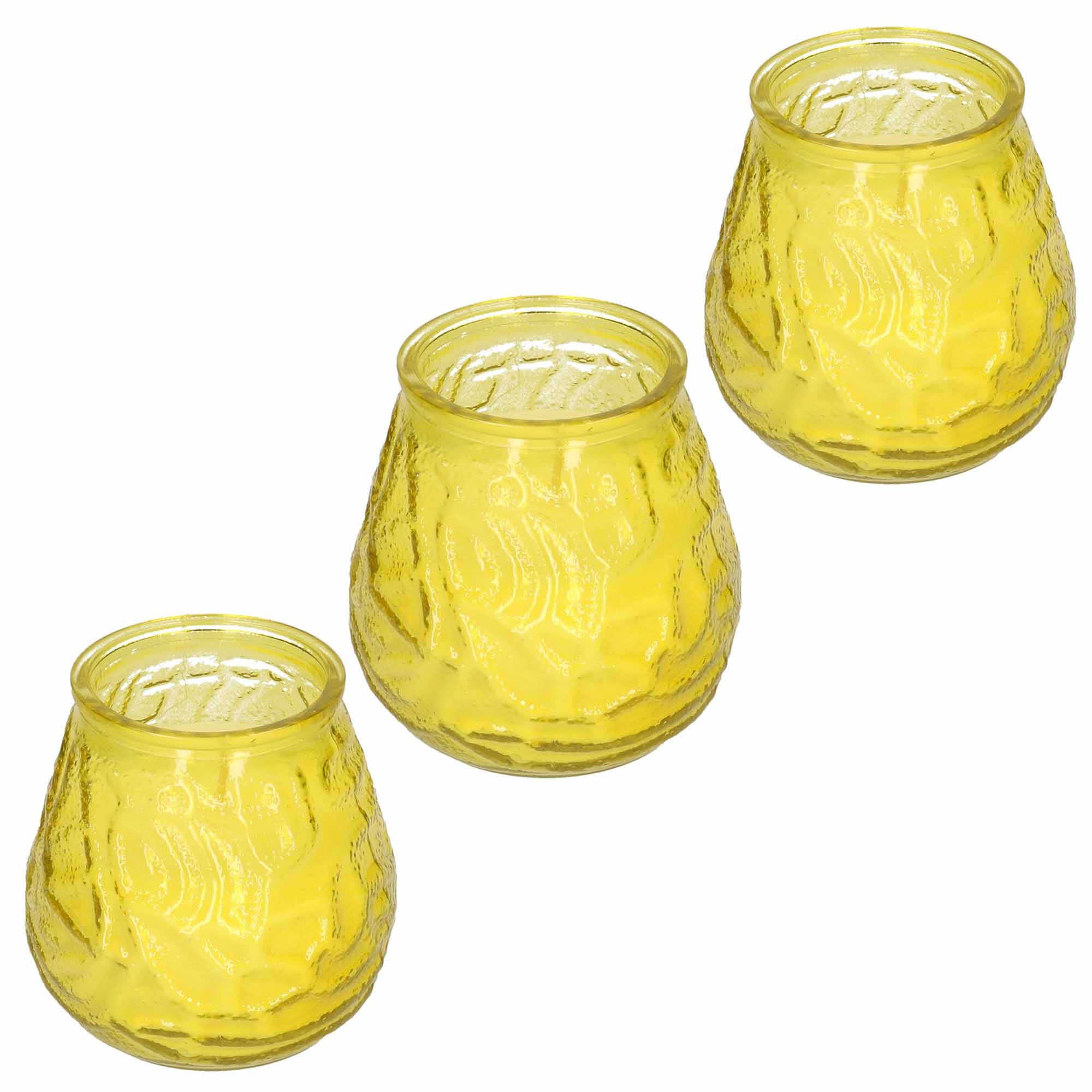 Windlicht geurkaars 3x geel glas 48 branduren citrusgeur