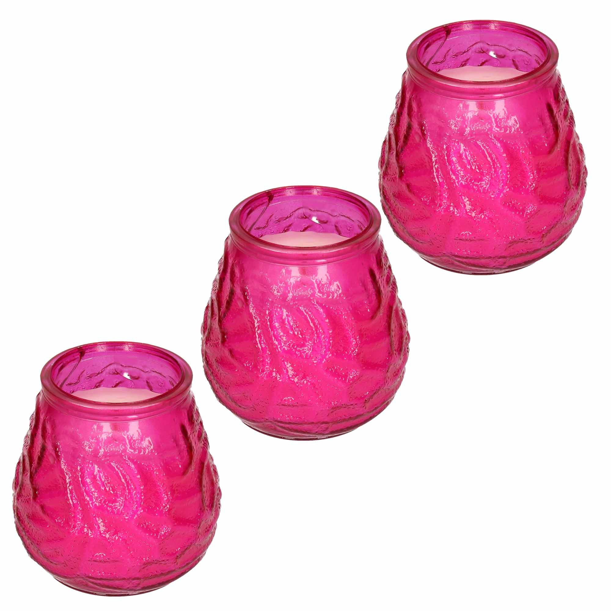 Windlicht geurkaars 3x roze glas 48 branduren citrusgeur