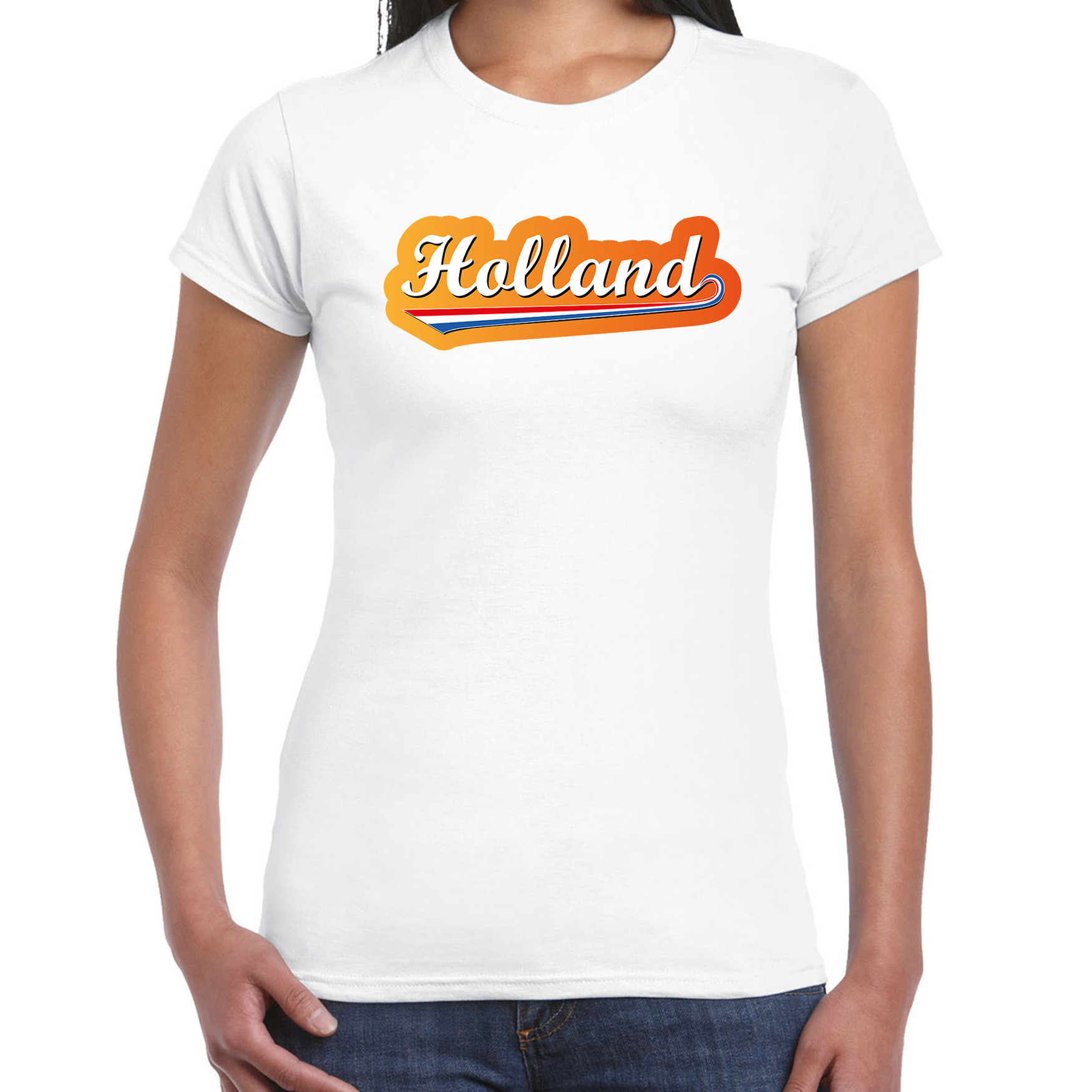 Wit t-shirt Holland-Nederland supporter Holland met Nederlandse wimpel EK- WK voor dames