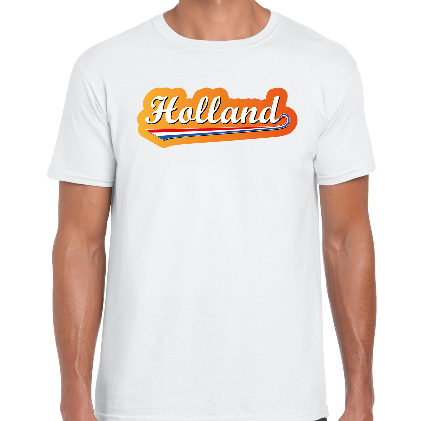 Wit t-shirt Holland-Nederland supporter Holland met Nederlandse wimpel EK- WK voor heren