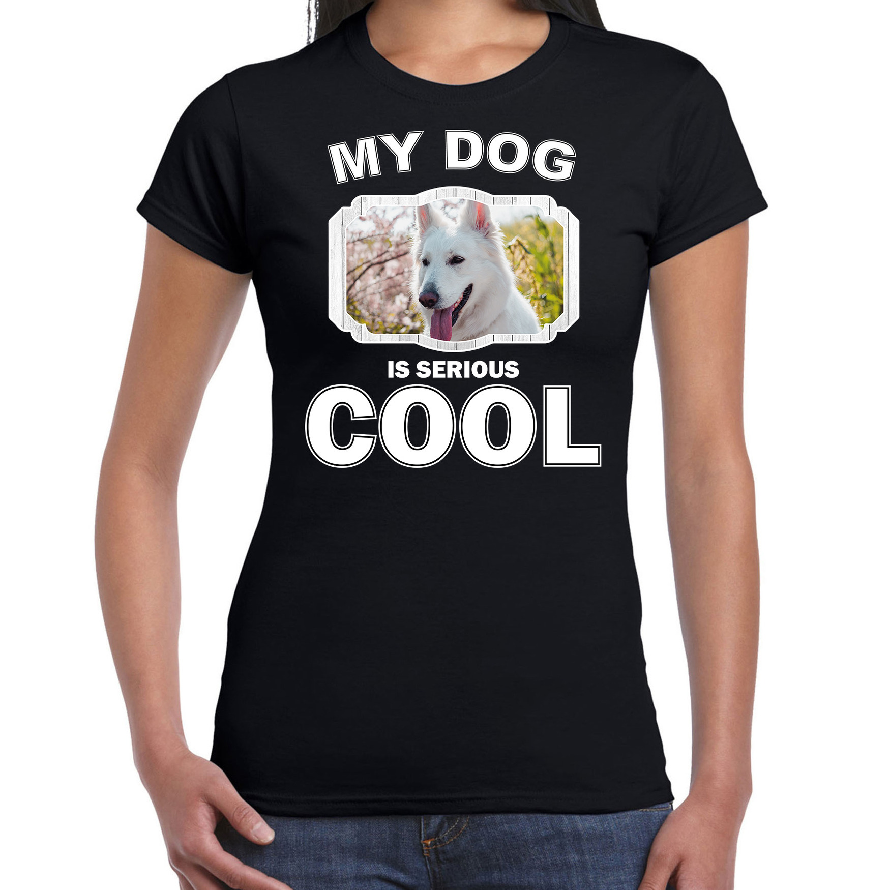 Witte herder honden t-shirt my dog is serious cool zwart voor dames