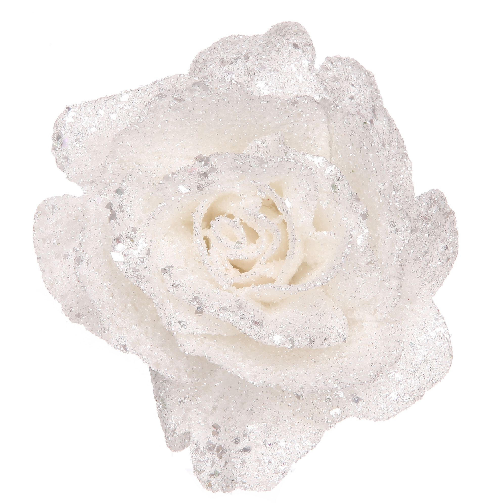 Witte rozen met glitters op clip 10 cm kerstversiering
