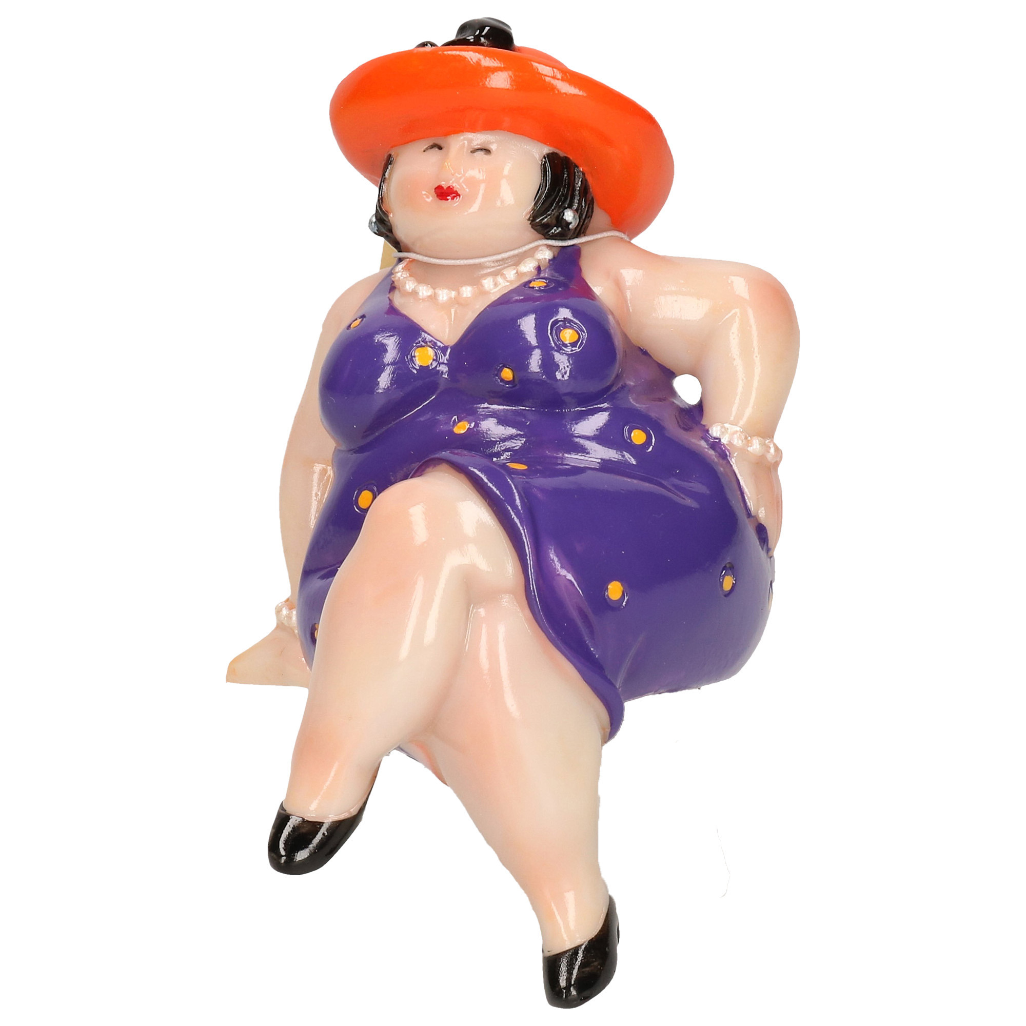 Woonkamer decoratie beeldje zittend dikke dame jurk paars 15 cm
