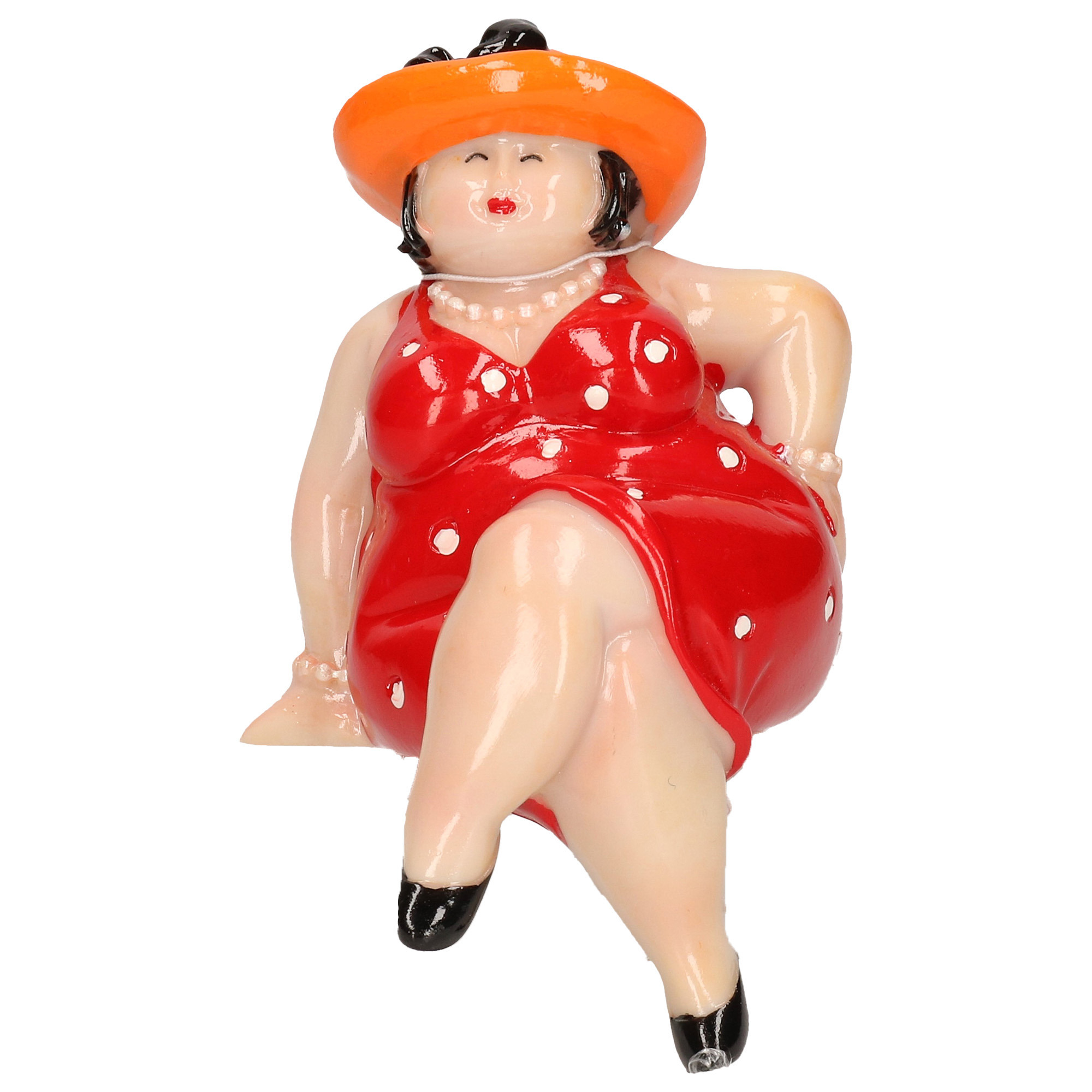 Woonkamer decoratie beeldje zittend dikke dame jurk rood 15 cm