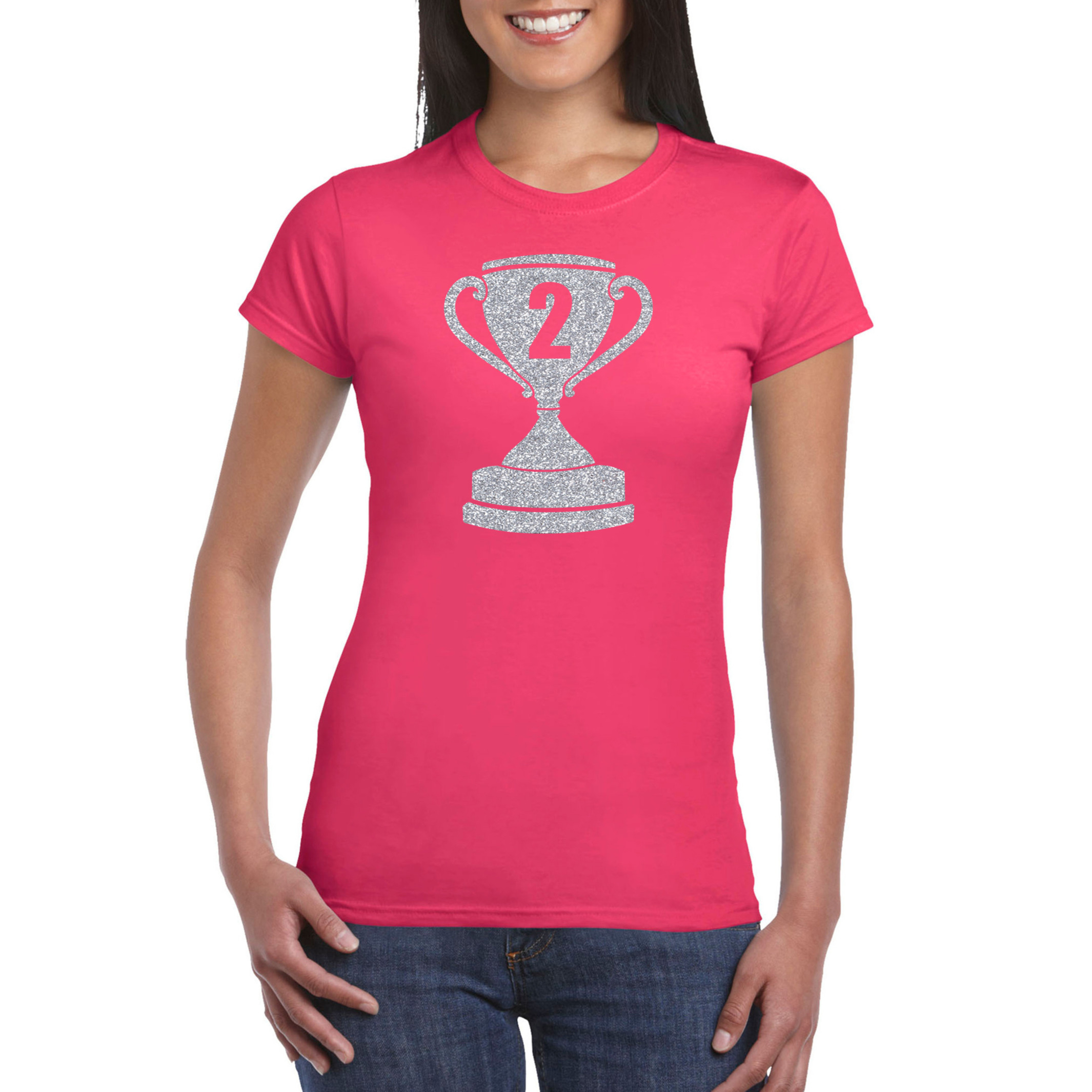Zilveren kampioens beker-nummer 2 t-shirt-kleding roze dames