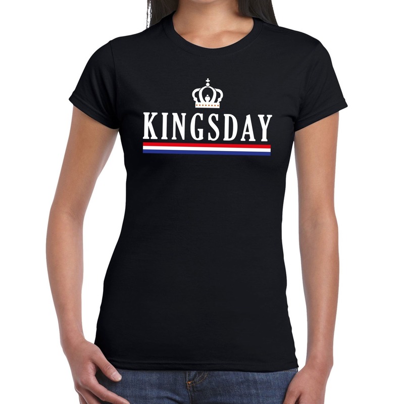 Zwart Kingsday met Hollandse vlag en kroontje t-shirt voor dames