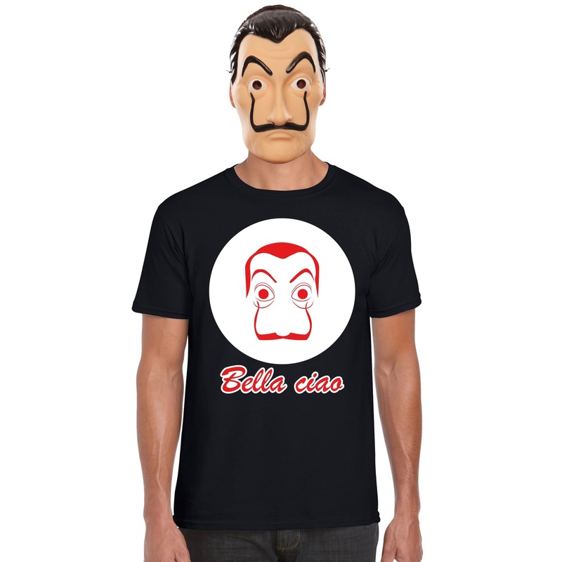 Zwart Salvador Dali t-shirt met La Casa de Papel masker heren
