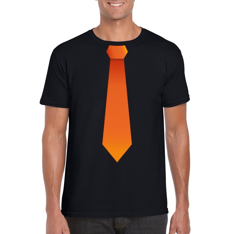 Zwart t-shirt met oranje stropdas heren