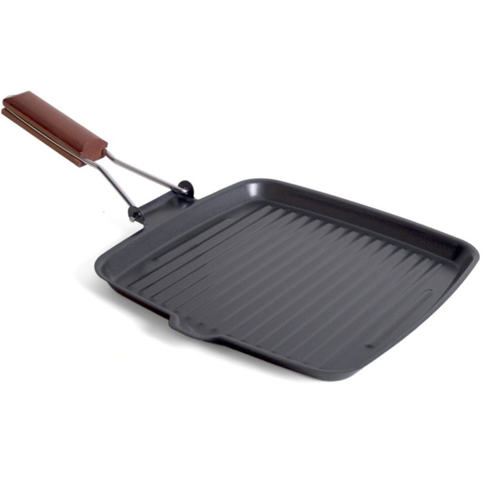 Zwarte grillpan koekenpan 26 cm met anti-aanbak laag en houten handvat
