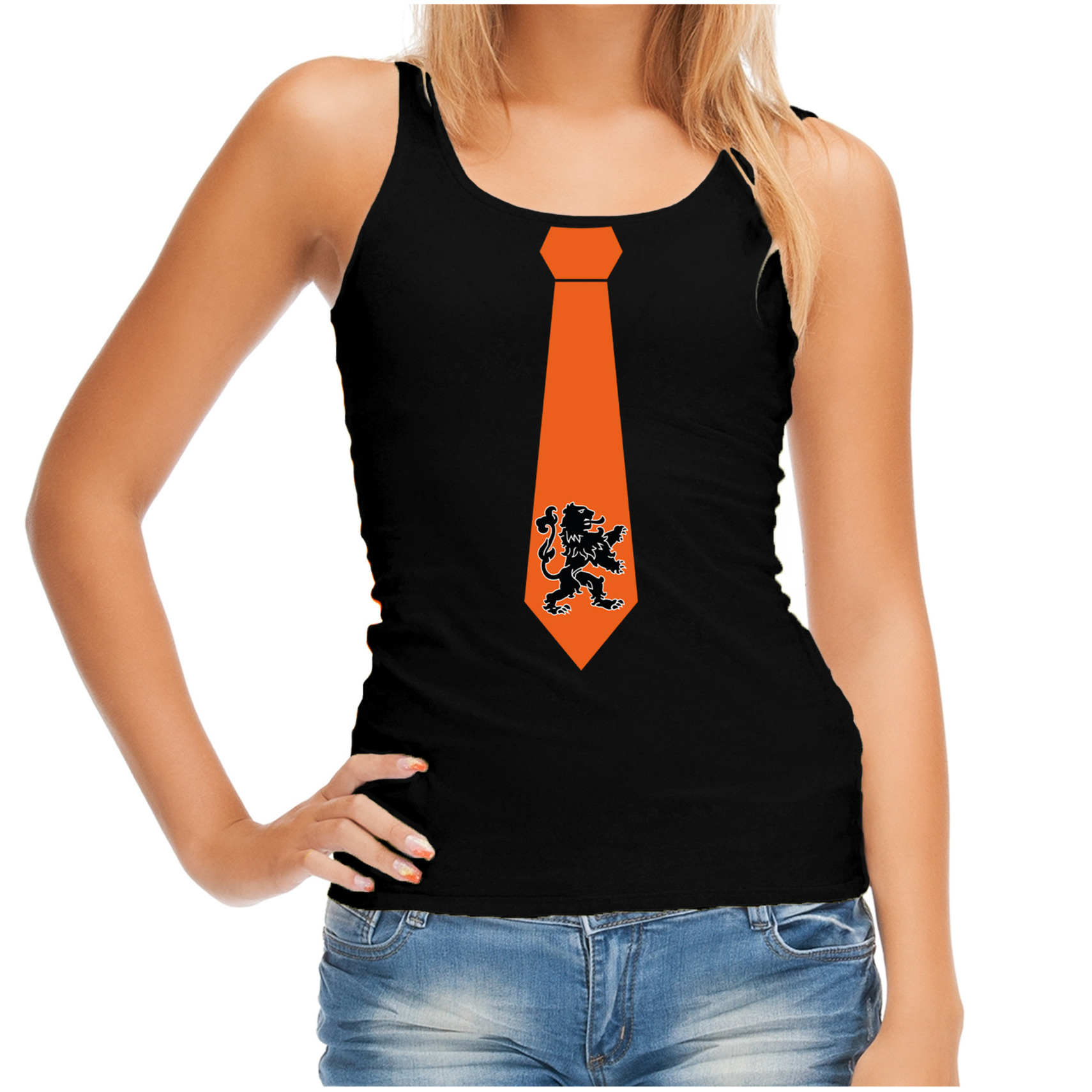 Zwarte tanktop oranje leeuw stropdas Holland-Nederland supporter EK- WK voor dames