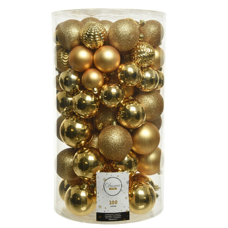 100x Gouden kerstballen 4-5-6-7-8 cm glanzende/glitter kunststof/plastic kerstversiering