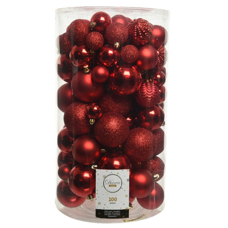 100x Rode kerstballen 4-5-6-7-8 cm glanzende/glitter kunststof/plastic kerstversiering