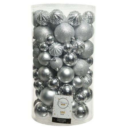 100x Zilveren kerstballen 4-5-6-7-8 cm glanzende/glitter kunststof/plastic kerstversiering
